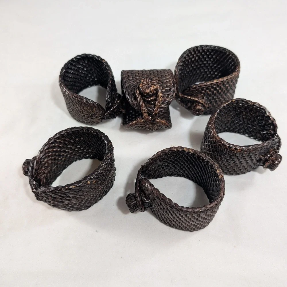 Set of 6 Vintage Woven Wicker Napkin Rings Dark Brown Espresso Boho Rustic Decor